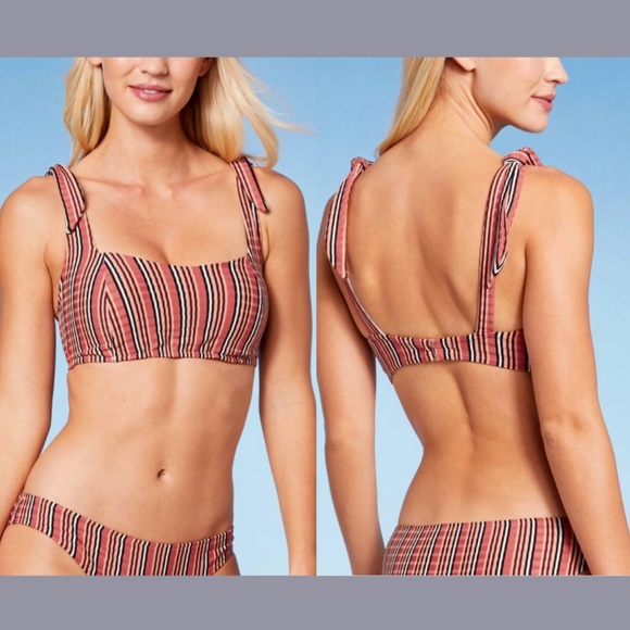 NWT Shade & Shore [ 34B ] Square Neck‎ Shoulder Tie Bikini Top Stripes - Picture 1 of 11
